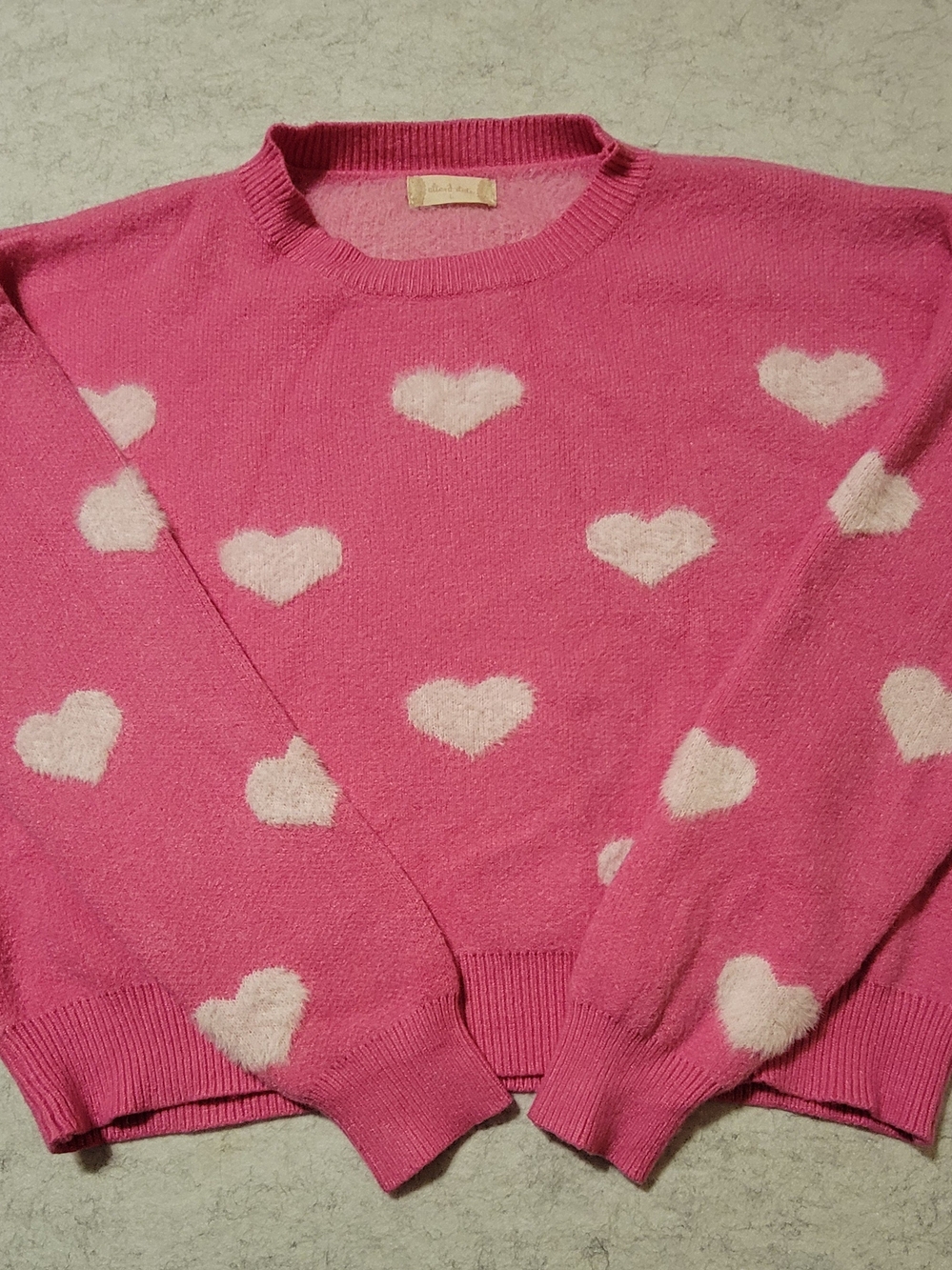 Altar'd State Pink Fuzzy White Heart Knit Crewneck Pullover Sweater Size Large